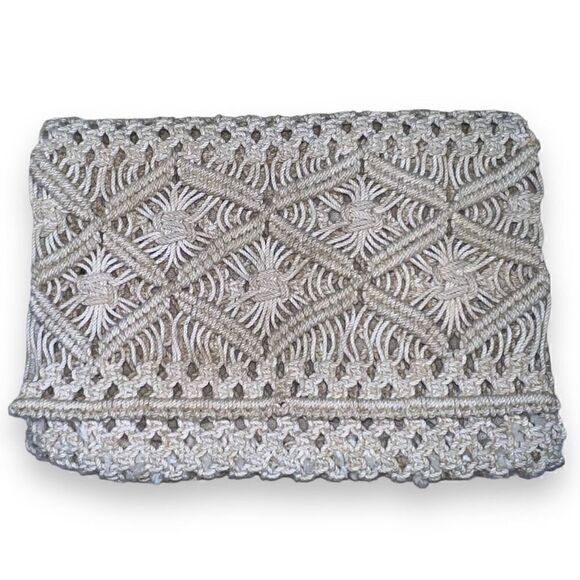 Macrame Crochet Clutch Mini Bag in Natural Beige Fold over Flap, Zip Top Closure - Picture 1 of 11
